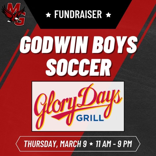 Join us TODAY for our Godwin Soccer spirit night at Glory Days Grill!  

Be sure to tell them that you are with Godwin Soccer when you order.

Come out, get some burgers and cheese fries, and support the Godwin Soccer team! 🦅⚽️🍔🍟