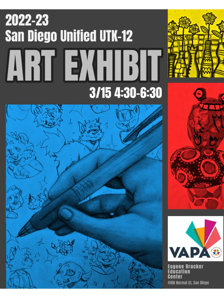 UTK-12 students have been creating unique visual stories in a variety of media and styles across the district. Over 500 student works are on display at the Ed Center . Come out and celebrate with the artists on 3/15 from 4:30-6:30 pm. @SDUSDVAPA @sdschools @VAPAFoundSD #BetterSD