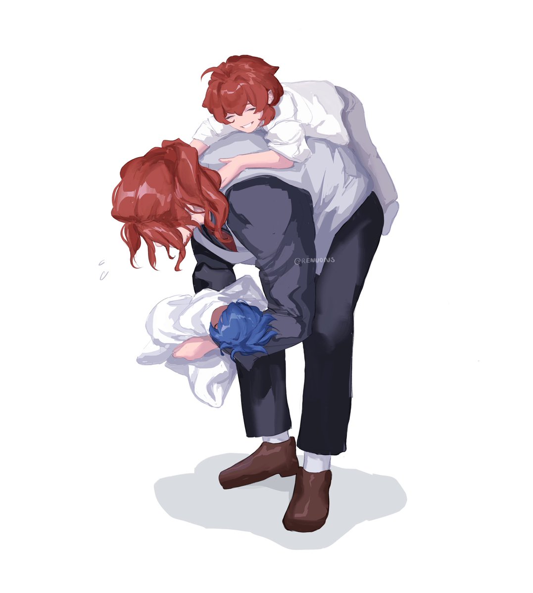 diluc (genshin impact) multiple boys shirt red hair pants closed eyes aged down black pants  illustration images