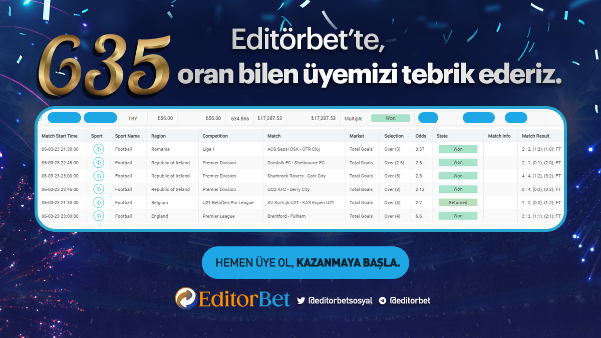 🔥EditörBet Kazandırmaya Devam Ediyor🔥

635 Oran bilen üyemizi tebrik ediyoruz.

bit.ly/m/editorbet