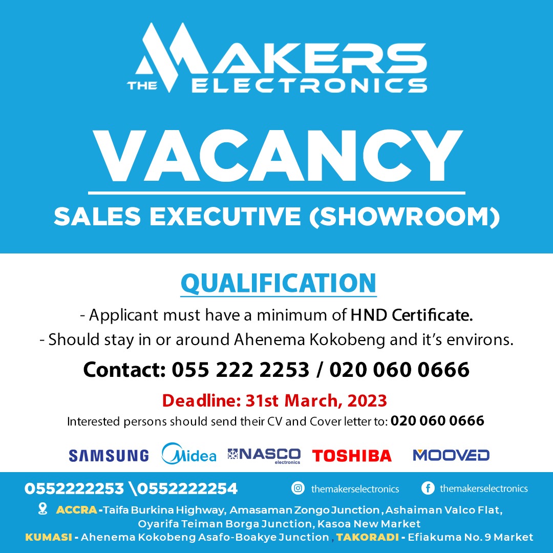 VACANCY: 
A sales executive is needed immediately for a showroom in Kumasi. 
#vacancyannouncement #newvacancy #vacancyjob #jobvacancy #vacancy #marketingdigital360 #marketingsolutions #marketingmonday #salesagent #salesperson #salestock #marketingservices #digitalmarketing