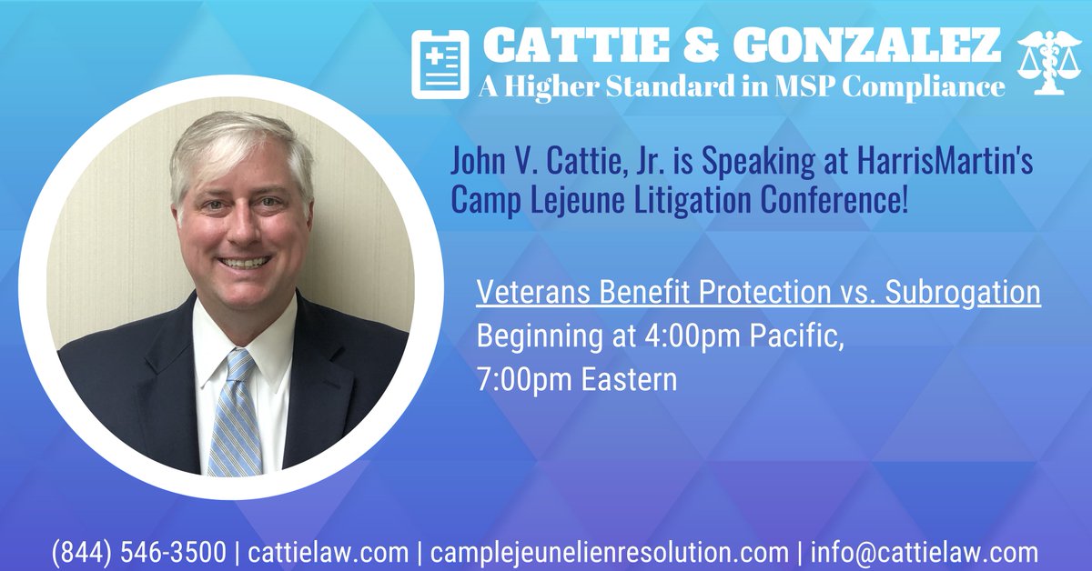 If you're at HarrisMartin's #camplejeune Litigation Conference, @MSALawyer is speaking, later today! Register here: harrismartin.com/conferences/37… #CattieGonzalezPLLC #AHigherStandardinMSPCompliance
