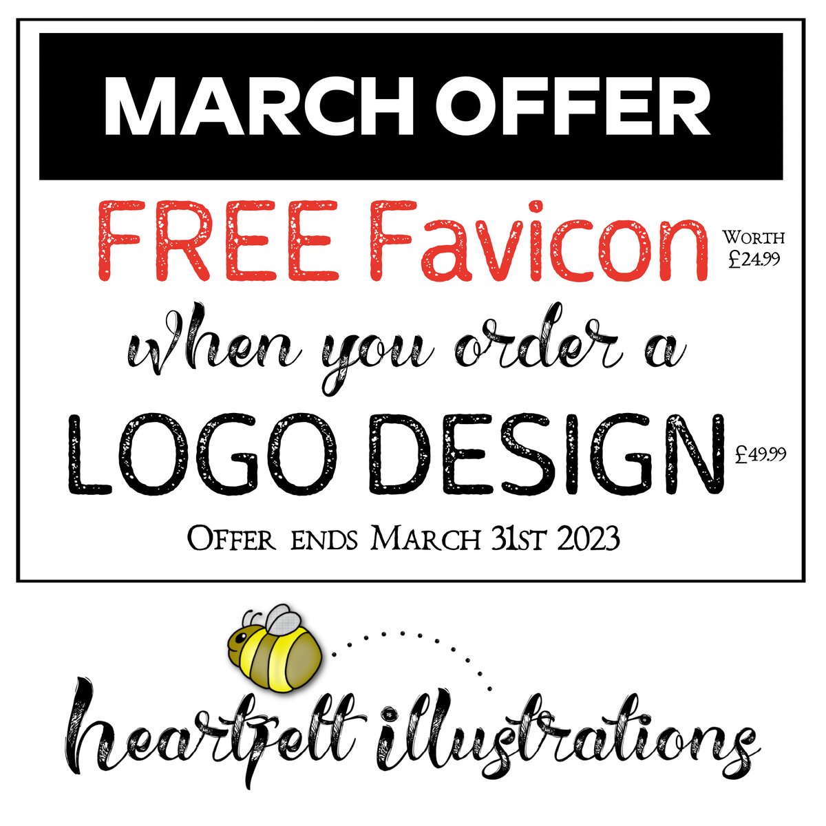 HeartFelty's tweet image. Through this month (March 2023) when you order a #customlogodesign (£49.99) via FB or Insta, you will also receive a #free #favicondesign (worth £24.99)
To order please pop me a message via my FB page, Insta page or drop me an email to heartfelty@gmail.com 
Michelle