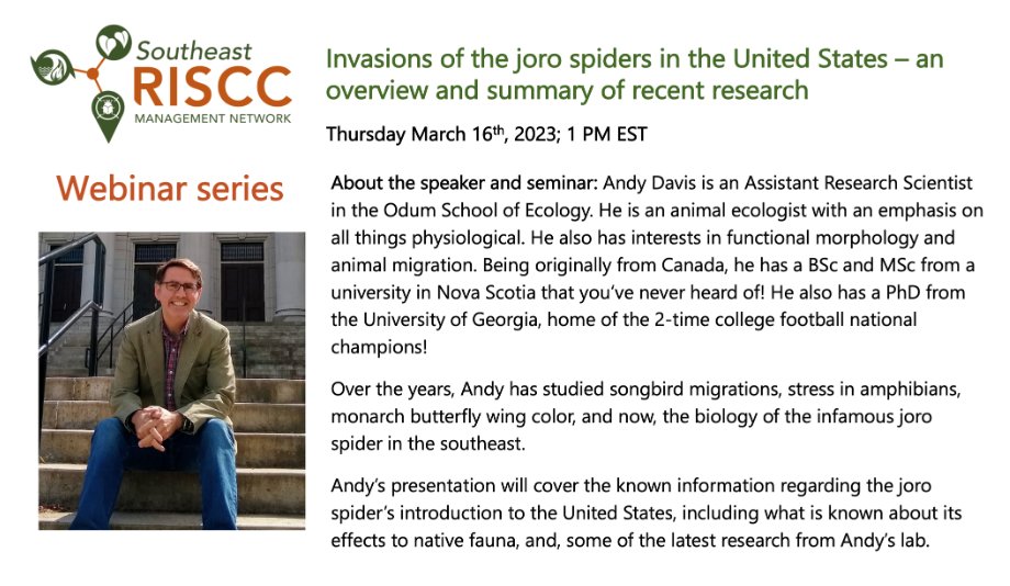 Join us next Thursday M16 at 1pm ET to learn more about the recent invasion of Joro spiders.  Dr. Andy Davis will present an overview and summary of recent research. 
Click to register: ufl.zoom.us/meeting/regist…