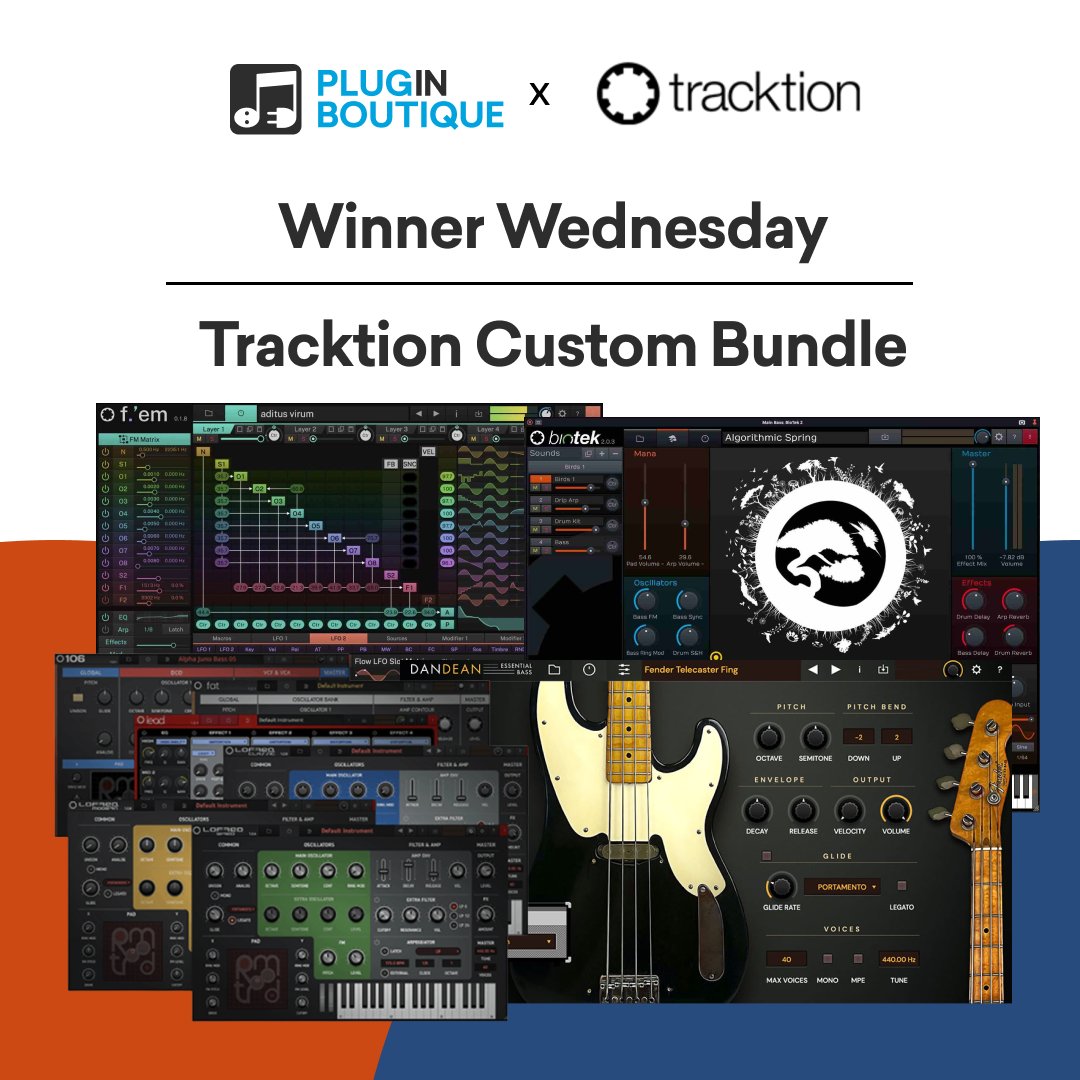 We have partnered up with Tracktion to give you the chance to win a Tracktion Custom Bundle. 🎉
​
To enter, simply follow us - 
<a href="/PluginBoutique/">Plugin Boutique</a>
 
 &amp; retweet this tweet!
​
​The winners will be announced next Wednesday.