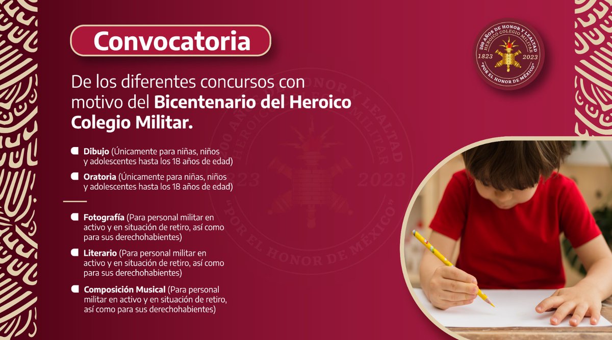La Secretaría de la Defensa Nacional invita a los festejos de 200 años de vida del Heroico Colegio Militar, se ponen a disposición las convocatorias de los concursos.
Consúltalas en la siguiente liga y podrás hacer el registro:  
tamaulipas.gob.mx/educacion/conv…

#TransformandoLaEducación