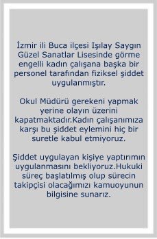 Görme Engelli Kadın Çalışanımıza Karşı Yapılan Fiziksel Şiddet Kabul Edilemez. Sürecin Yakından Takipçisiyiz.

<a href="/yskosger/">Yavuz Selim KÖŞGER</a> <a href="/MucahitYentur/">Murat Mücahit Yentür</a> <a href="/hsyngnsksv/">Hüseyin Güneş</a>
