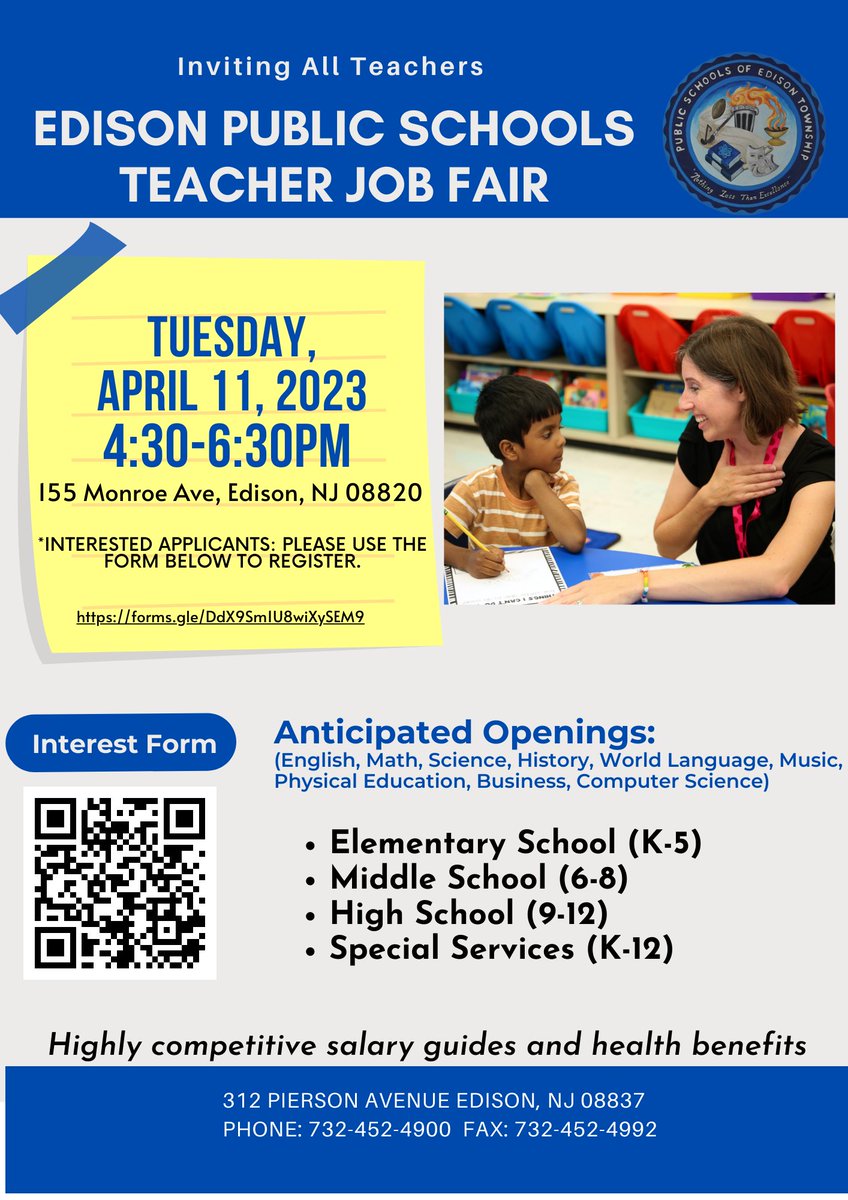 Calling all interested teachers! Please register to attend Edison Public Schools Teacher job fair!