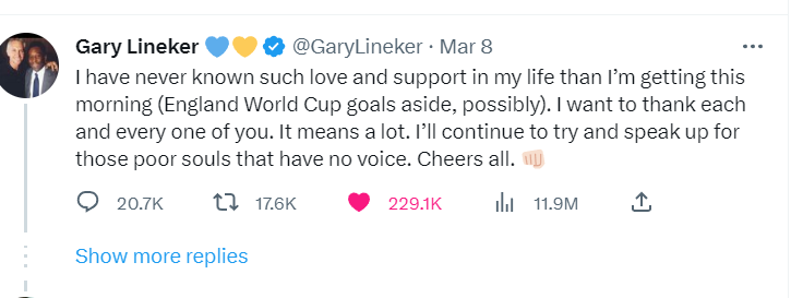 Vixen9992's tweet photo. #SuellaBraverman has 306 likes for her post on what she and her #ToryFascistDictatorship plan to do with the #IllegalMigrationBill #IllegalImmigrationBill   
Just take a look at the thousands of likes for #GaryLineker's posts.  It speaks volumes about how the public feel https://t.co/vneg4REVvQ