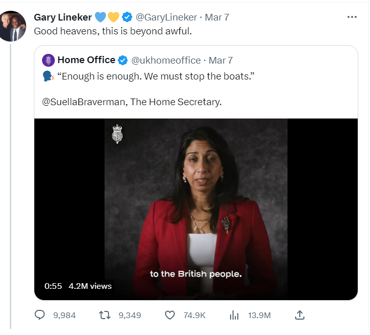 #SuellaBraverman has 306 likes for her post on what she and her #ToryFascistDictatorship plan to do with the #IllegalMigrationBill #IllegalImmigrationBill   
Just take a look at the thousands of likes for #GaryLineker's posts.  It speaks volumes about how the public feel
