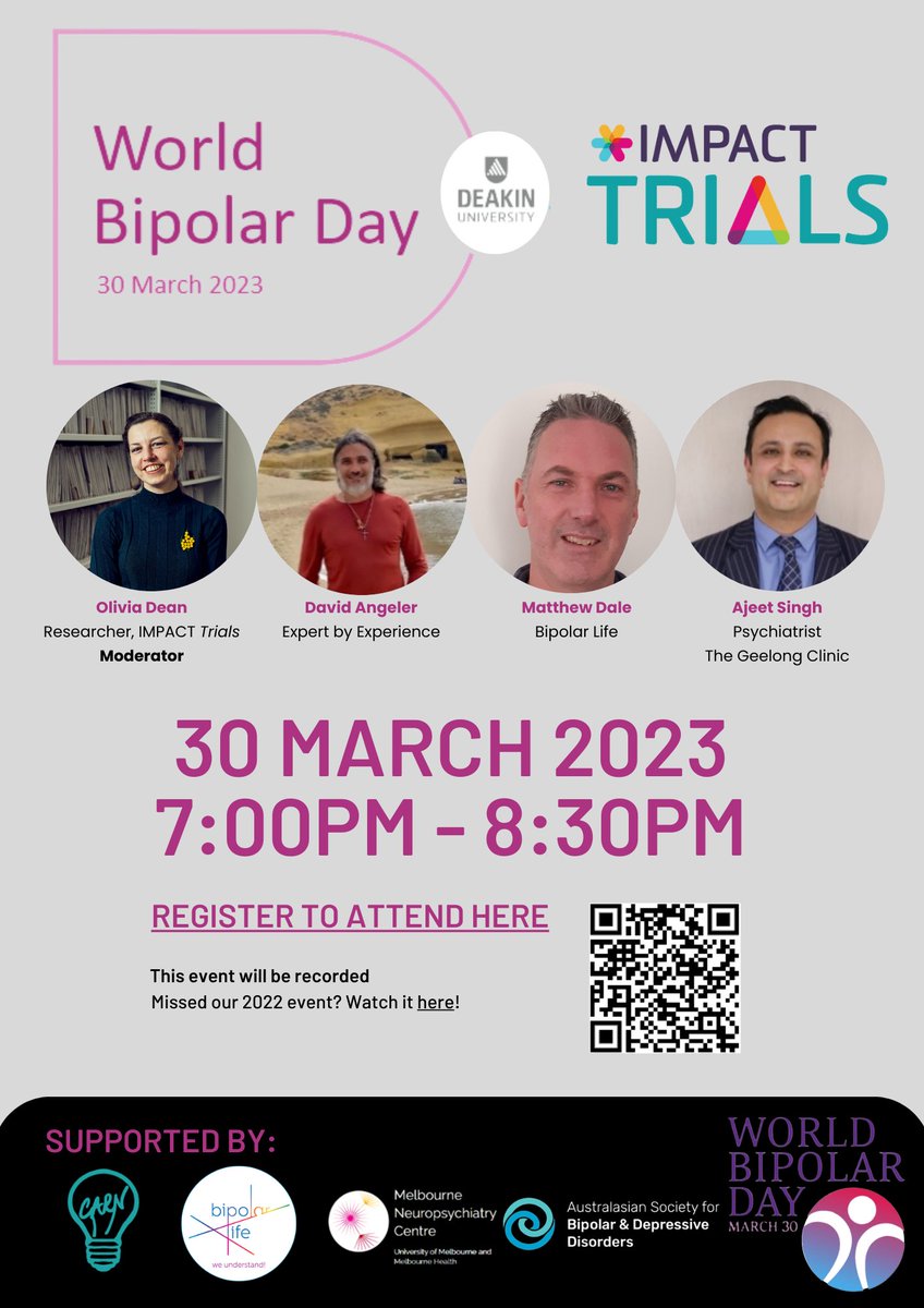 Shoutout to another great @WorldBipolarDay event, hosted by @IMPACTDeakin in collaboration with @MNC_Psychiatry @AustralBipolDep and some leading local BD experts🤩Get involved, get informed and get inspired! Everyone is welcome, register here 👉 tinyurl.com/mpbw53ev