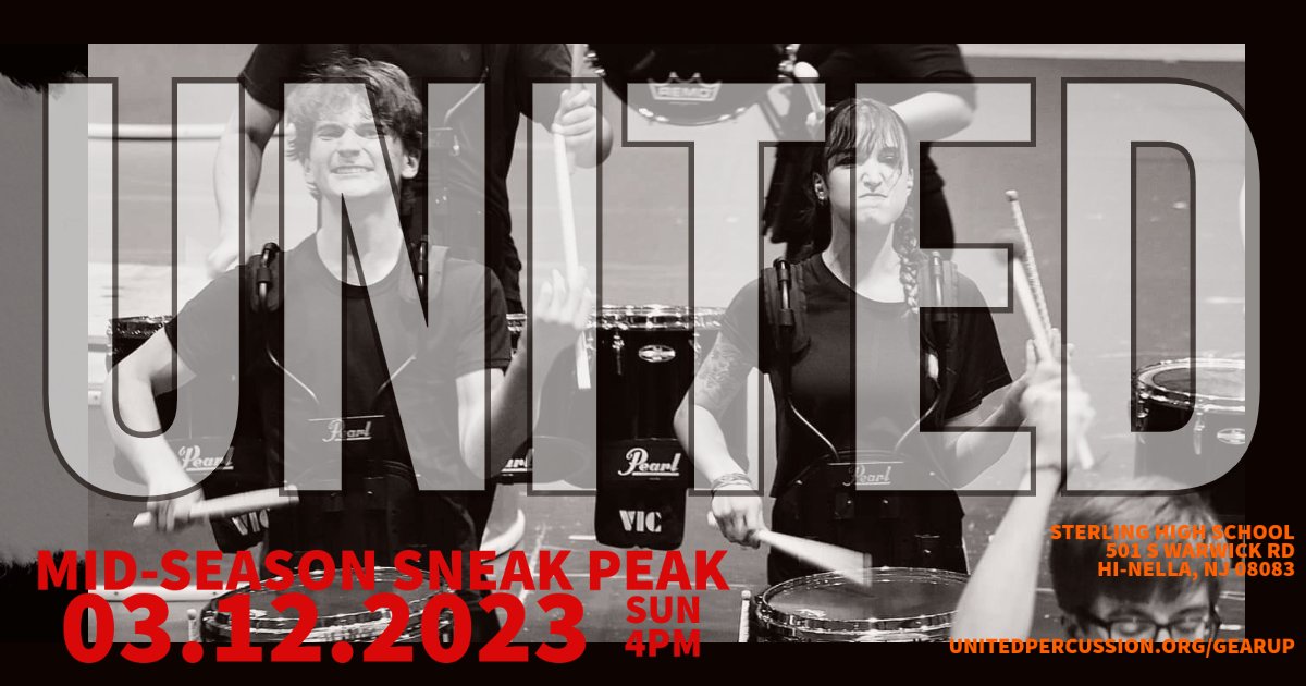 We have sold half of our tickets so far to our Mid-Season Sneak Peak. We anticipate selling out shortly. NO TICKETS WILL BE AVAILABLE AT THE DOOR.

3.12.23
Sunday, Doors open 4 PM
ALL SALES FINAL - $10 per ticket
unitedpercussion.org/gearup/mid-sea…