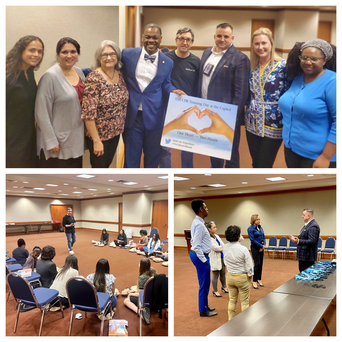 Every year, the TSA invites Texas Legislators and their staff to attend TSA CPR day. Thank you TSA President @dr_g_williams for attending & showing your support. Thank you Jason Mitchell for tourniquet training and American Heart Association for CPR training! #TSA1Heart2Hands