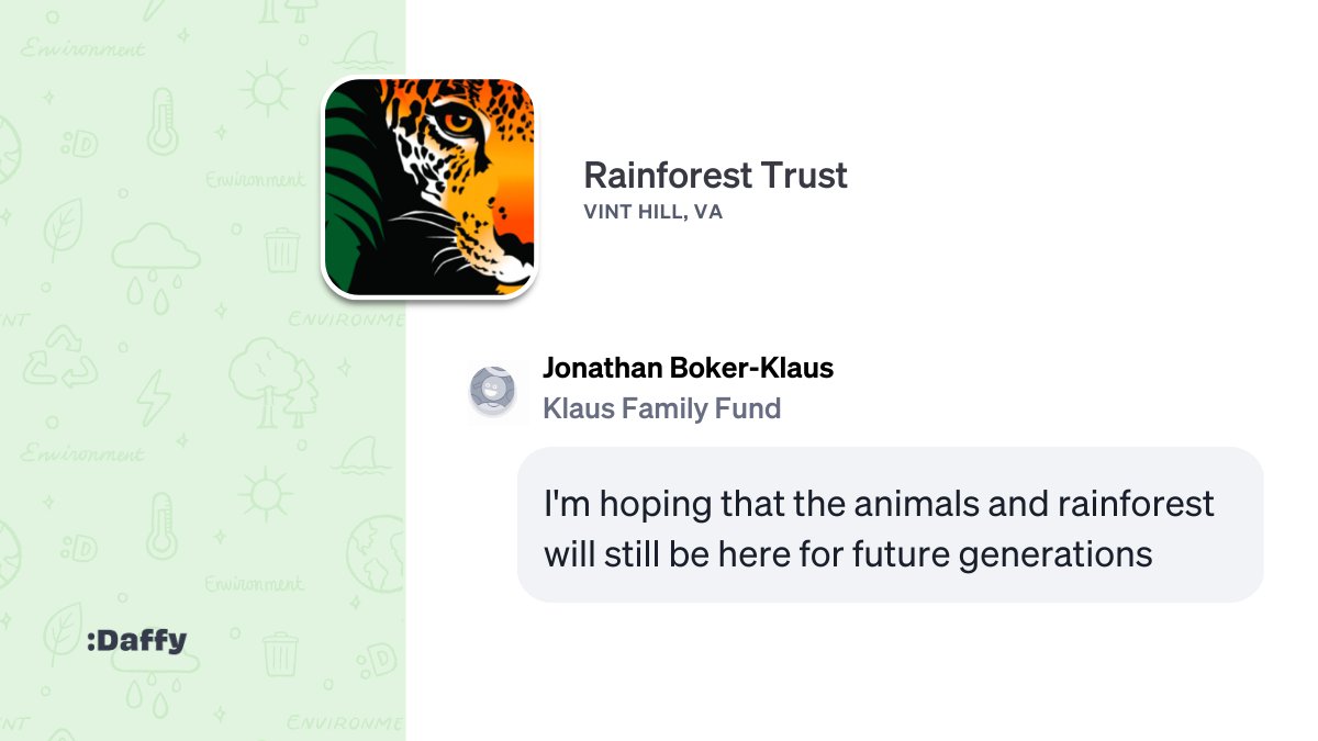 Daffy (@daffygiving) on Twitter photo Us personally, we love to see our members express their admiration for nonprofits like <a href="/World_Wildlife/">World Wildlife Fund</a>, <a href="/RainforestTrust/">Rainforest Trust</a>, <a href="/FeedingAmerica/">Feeding America</a>, & <a href="/FeedFridge/">FeedTheFridge | Nourishment With Dignity</a> ❤️ Us personally, we love to see our members express their admiration for nonprofits like <a href="/World_Wildlife/">World Wildlife Fund</a>, <a href="/RainforestTrust/">Rainforest Trust</a>, <a href="/FeedingAmerica/">Feeding America</a>, & <a href="/FeedFridge/">FeedTheFridge | Nourishment With Dignity</a> ❤️