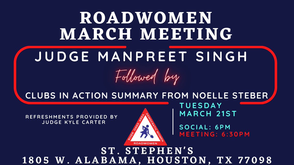ROADwomenTX (@roadwomentx) on Twitter photo March 21st we'll hear from Judge @mpreet6, Harris County's first Sikh female judge! We'll then hear short presentation from Noelle Steber w/ <a href="/CIAHTX/">Clubs in Action PAC</a>
Social half hour @ 6pm with refreshments provided by Judge <a href="/judgekc/">Judge Kyle Carter</a> Meeting begins @ 6:30pm.
RSVP here:
mobilize.us/hcdp/event/554… March 21st we'll hear from Judge @mpreet6, Harris County's first Sikh female judge! We'll then hear short presentation from Noelle Steber w/ <a href="/CIAHTX/">Clubs in Action PAC</a>
Social half hour @ 6pm with refreshments provided by Judge <a href="/judgekc/">Judge Kyle Carter</a> Meeting begins @ 6:30pm.
RSVP here:
mobilize.us/hcdp/event/554…