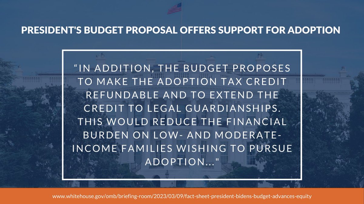 Great news out of D.C. today as the Administration's budget proposal once again includes making the #adoptiontaxcredit refundable! @whitehouse