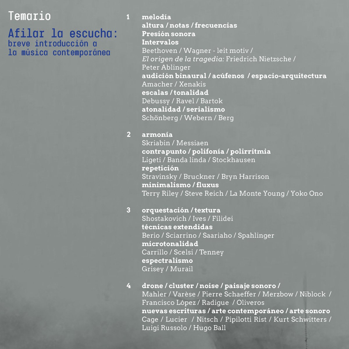 ¿Te interesa la música contemporánea? 🎶

🎹 Quedan algunos lugares para el taller "Afilar la escucha. Introducción a la música contemporánea", impartido por el compositor Emilio Hinojosa Carrión (<a href="/FannyFannyMiche/">Emilio Hinojosa</a>).

📩 espacio@edicionesantilope.com
💵 ¡Aparta tu lugar con 50%!