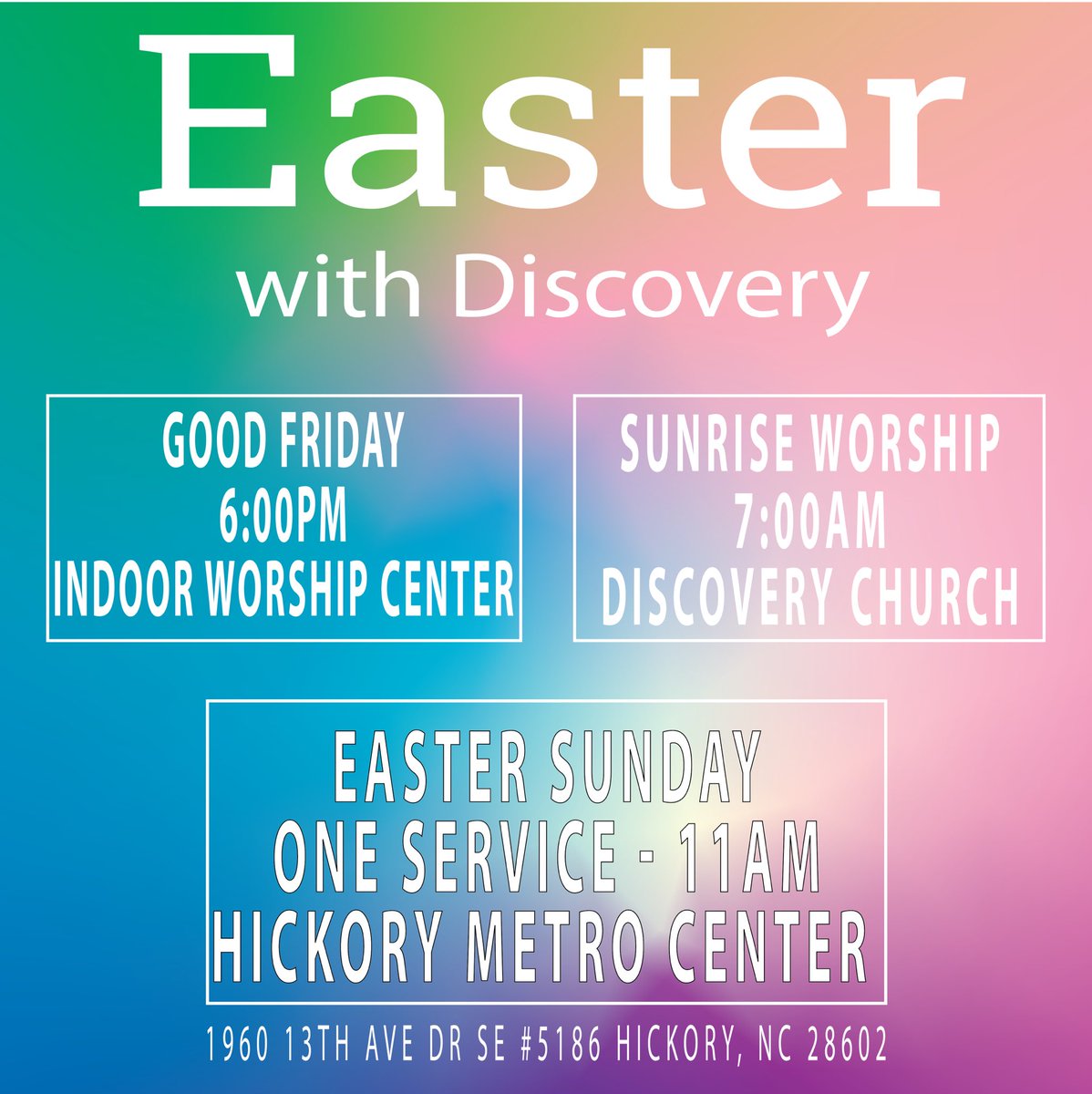 DiscoveryHKY's tweet photo. Invite your family and friends as we all celebrate together with ONE combined service at 11am at the Hickory Metro Center!!

Good Friday service will be 6pm and Sunday Sunrise worship will be at 7am! We are excited to celebrate Jesus’ death, burial, and resurrection together! https://t.co/vYx2erjJXv