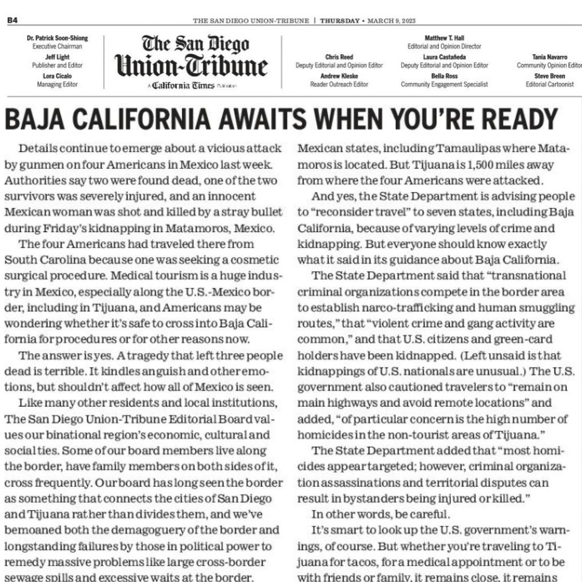 carlos_glezgtez's tweet image. A #MustRead by the @sdut editorial board: 

“An isolated incident in Matamoros should not keep Americans from visiting Tijuana. There are plenty of reasons to visit 🇲🇽. Medical tourism, for one, is an $800 M a year industry in TJ".

Is it safe 2 go?  YES👇 bit.ly/3FchIuE