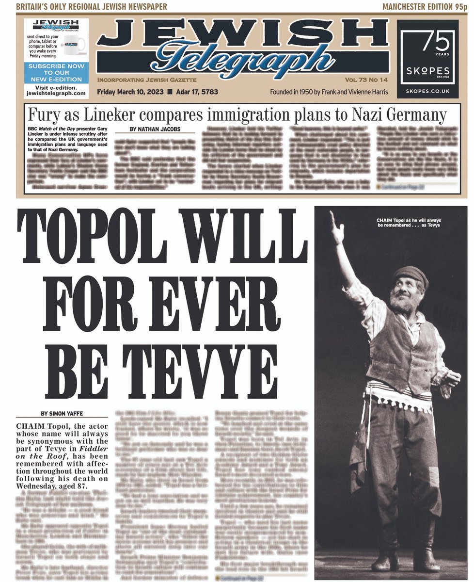 JewishTelegraph's tweet photo. #Manchester, #Leeds, #Liverpool and #Scotland front page 10.03.2023

MPs and Holocaust survivor slam BBC Match of the Day presenter Gary Lineker over Nazi Germany comparison

and

Farewell to Topol – Fiddler star dies at age of 87

Full paper: https://t.co/DaSGE7Xtjr 

#RIPTOPOL https://t.co/GWVTGgknWD