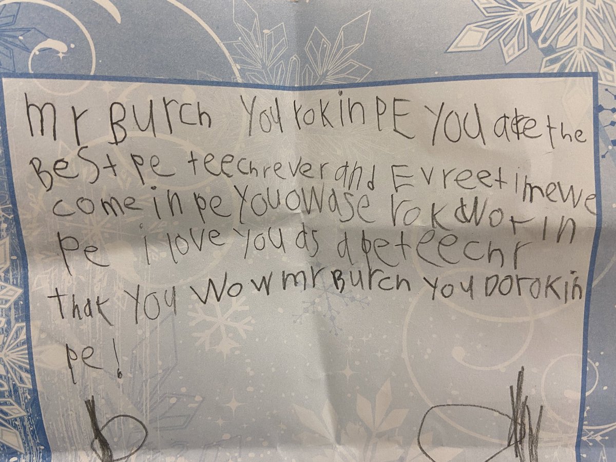PEforlife's tweet image. Sometimes a well written note from a kindergartener is just what you need. @ShulerElem #rockinPE