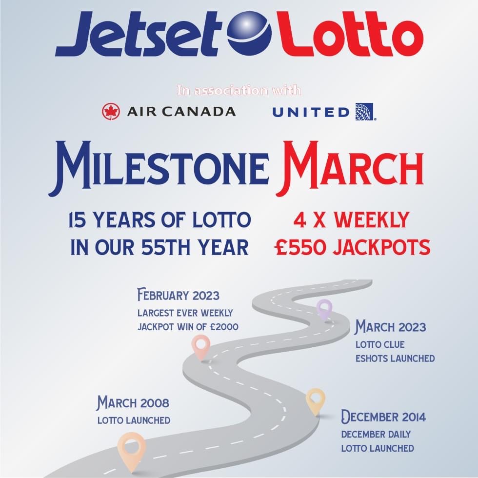 We bring you… Milestone March!! 🤩✈️💷

In our 55th year, we celebrate 15 years of Jetset Lotto 💙🥳