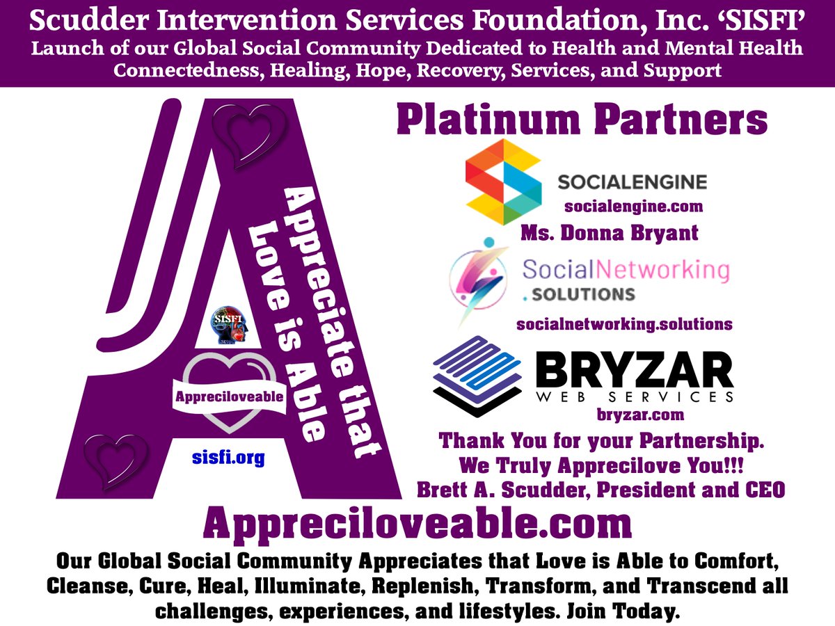 Humbled by incredible <a href="/SISFI/">Scudder Intervention Services Foundation Inc SISFI</a> partners <a href="/socialengine/">SocialEngine</a> <a href="/SocialNetSols/">SocialNetworking.Solutions</a> <a href="/BryZarLLC/">BryZar</a> who made <a href="/Appreciloveabl/">Appreciloveable Social Network</a> #Appreciloveble Global #HealthCare #MentalHealth Social Community dream indelible, meaningful, impactful, breath-changing for people experiencing, need support. Thank U #OneLove