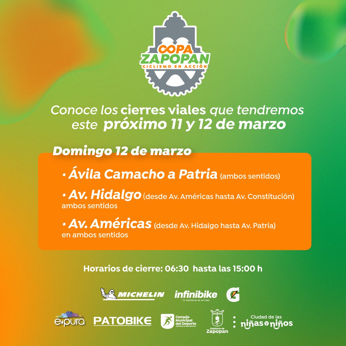 📢 Tenemos un aviso importante. 

📅 Los próximos 11 y 12 de marzo se llevará a cabo la Copa Zapopan, por lo que tendremos algunos cierres viales. 🚴‍♂️ 🚴‍♀️ 💨

Checa aquí las vías que estarán cerradas para que tomes tus precauciones. 🚧