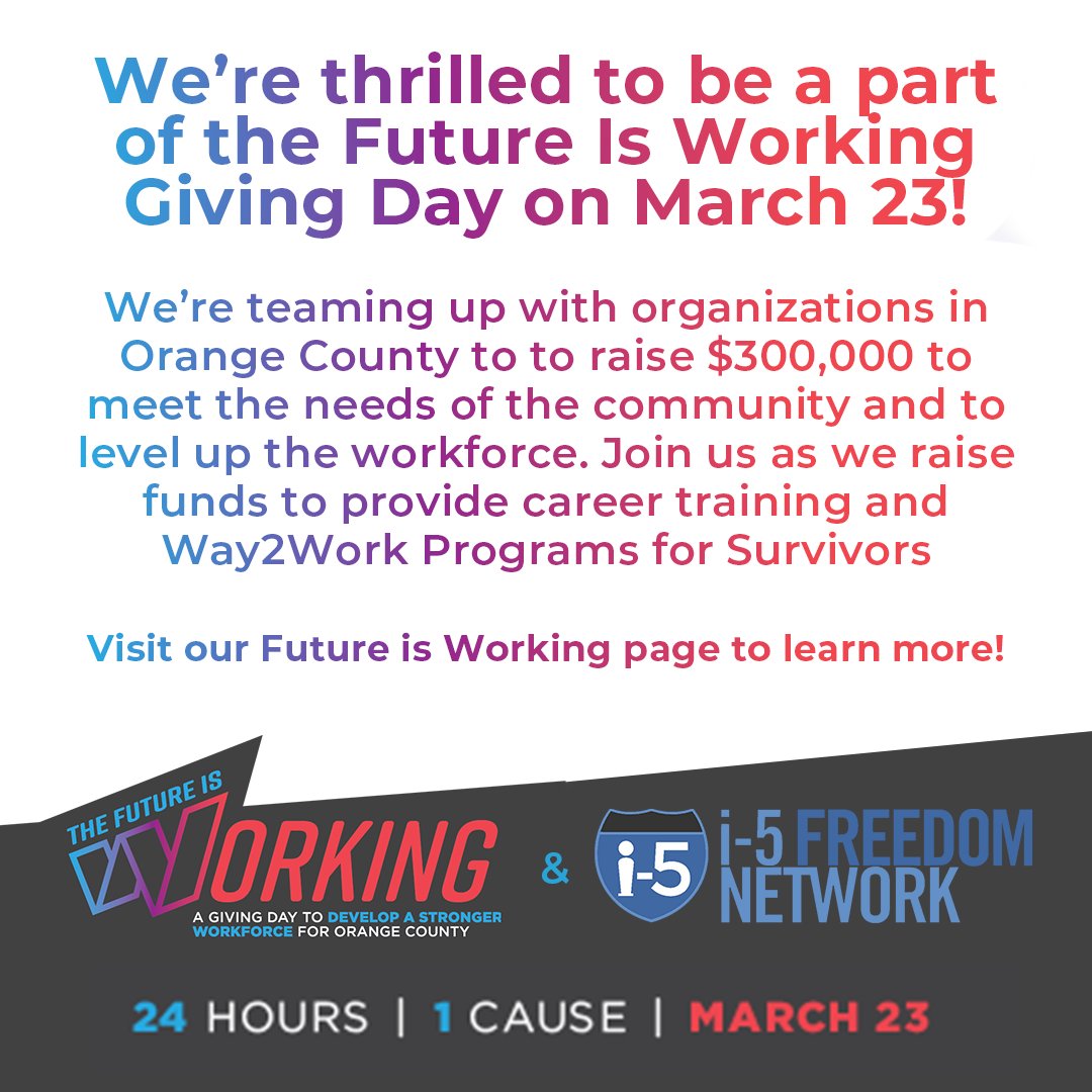 i5FreedomNet's tweet photo. We’re thrilled to be a part of the Future Is Working Giving Day on March 23. We’re teaming up with organizations in Orange County to level up the workforce. Join us as we raise funds for our Way2Work programs. https://t.co/oS9GGFpEnh https://t.co/VovFri4WJU