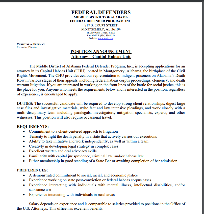 Leah Litman on Twitter: "The Federal Defender office in the Middle District  of Alabama is hiring in their Capital Habeas Unit. Details here (there is  still time &amp; room to apply despite