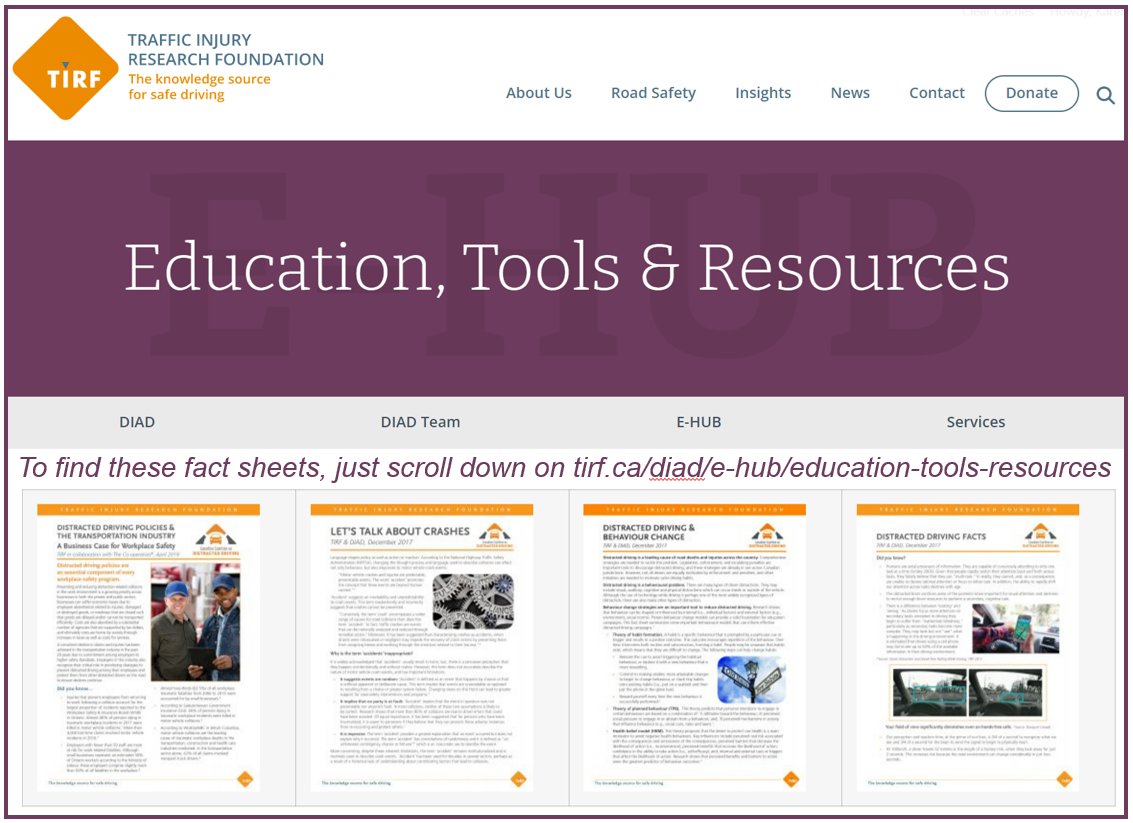 #ThursdayThoughts - Let's talk about the issue of #distracteddriving. 

TIRF's fact sheets are ideal to start or continue the conversation on driver behaviours & habits, language (#crashnotaccident) & the #science of distraction.

Access & share: tirf.ca/diad/e-hub/edu… #staysafe