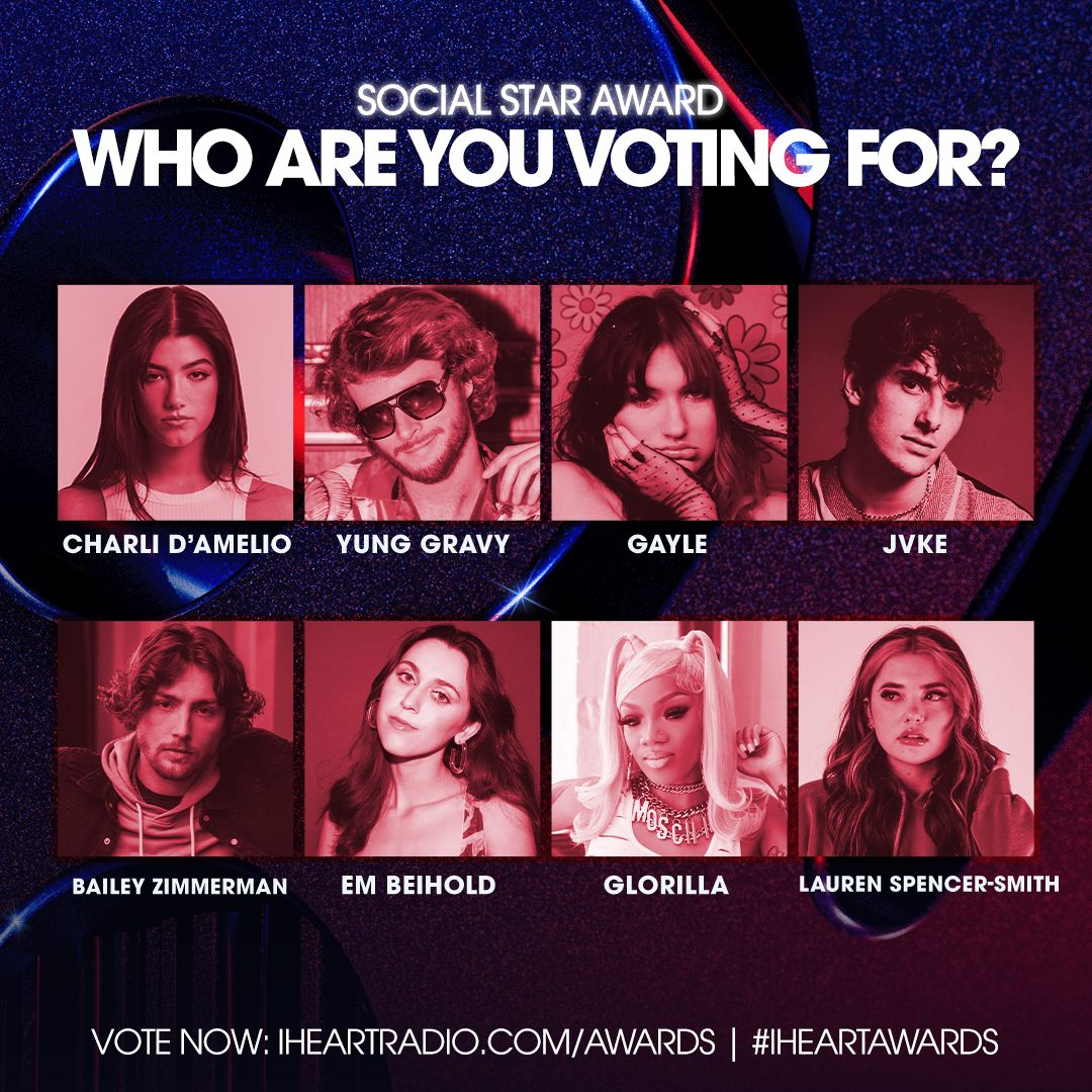 There can only be one winner of the #SocialStarAward at #iHeartAwards!!! 🤩 

Cast your votes NOW on Twitter or at iHeartRadio.com/Awards