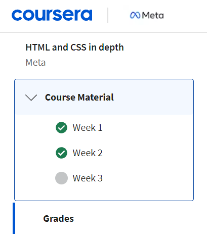 Day 47 of #100DaysOfCode 

Done with week 2 out of 3 for the Meta #HTML and #CSS in Depth course in Coursera.