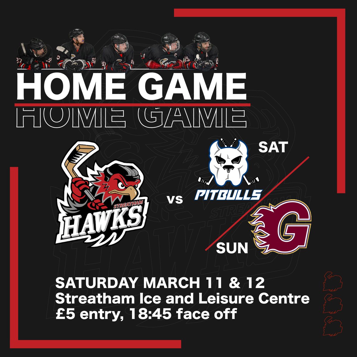 Reminder: we have TWO home games this weekend. Come on down to Streatham as we take on Bristol and Guildford in matches with huge implications on the league.

Saturday vs Bristol F/O: 18:45
Sunday vs Guildford F/O: 18:45

See you there!

#Streatham #nihl2 #icehockey
