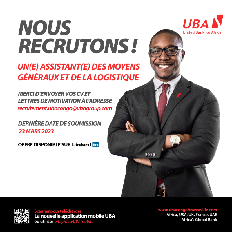 UBACongo's tweet photo. #OFFREDEMPLOI
La Direction Générale de UBA Congo recrute un(e) Assistant(e) des Moyens Généraux et de la Logistique.
CV et Lettres de motivation à envoyer à recrutement.ubacongo@ubagroup.com
La description de l'offre est disponible sur https://t.co/UUU57xkmok
#Recrutement https://t.co/XW199I7zdK