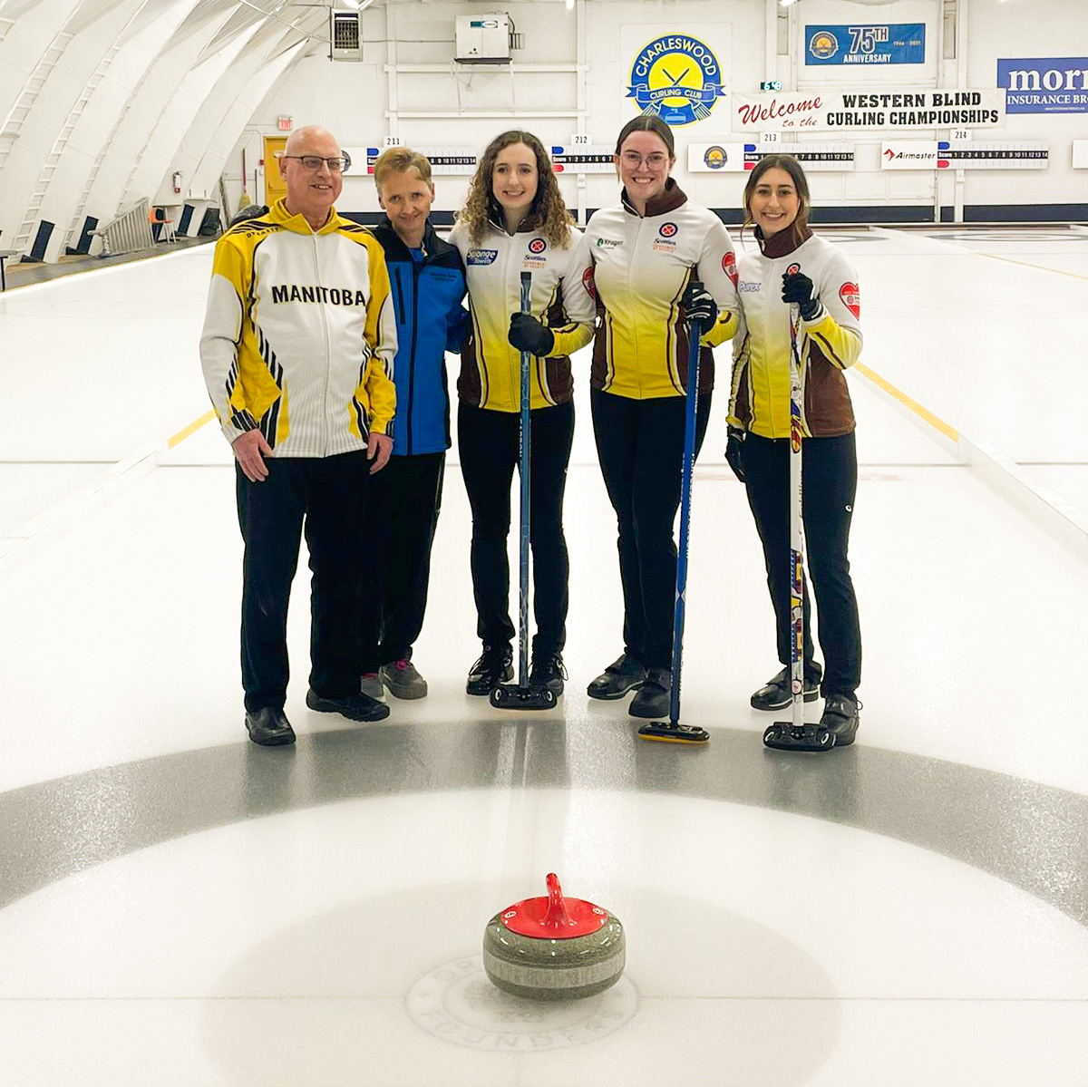 Mackenzie threw the opening ceremony first rock at the 2023 Western Blind Curling Championships, which got underway Wednesday at Winnipeg's Charleswood Curling Club. 

Emily and Lauren joined her at the ceremonies.

1/3