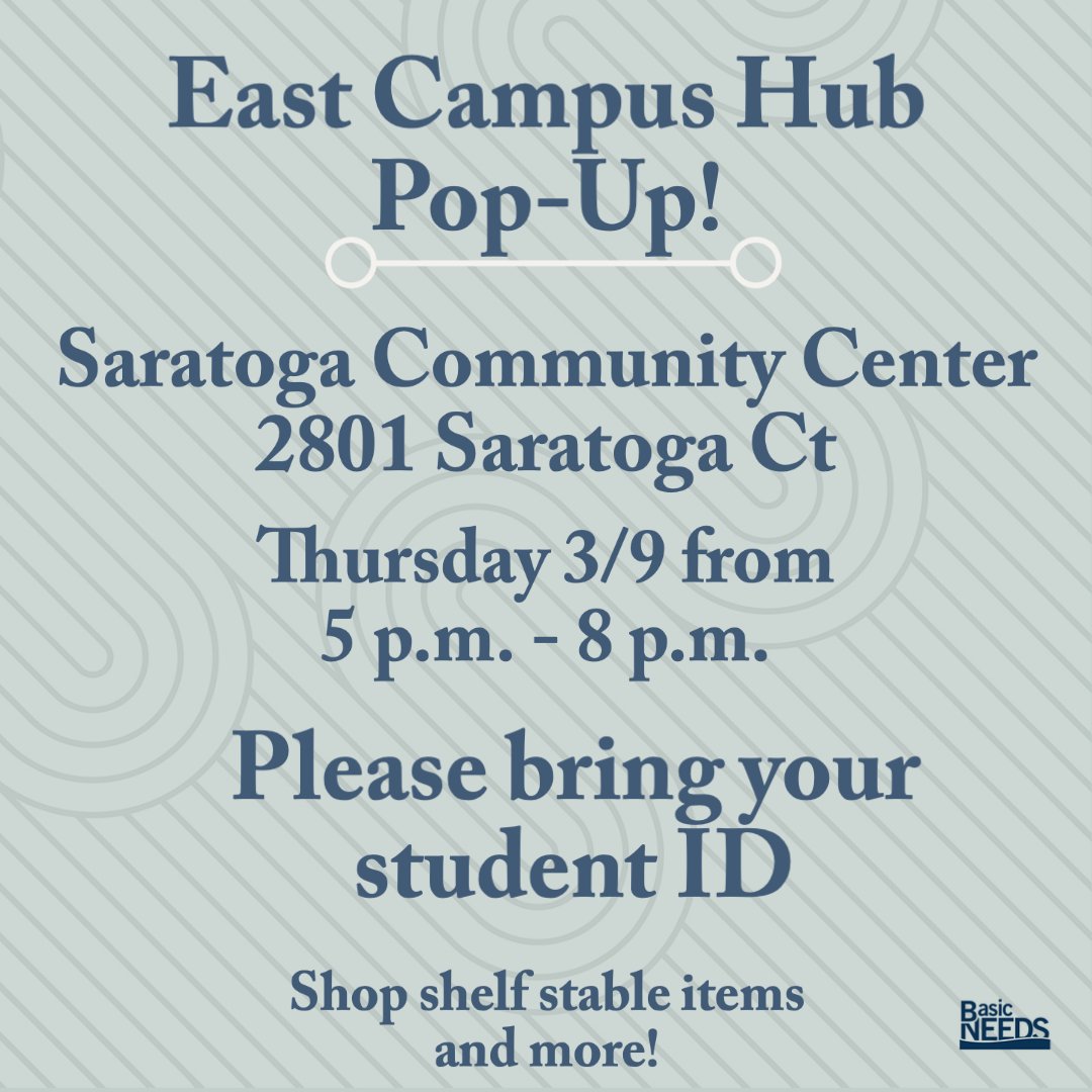 BasicNeedsCSUMB's tweet image. TODAY! All are welcome to check out the East Campus Hub pop-up at the Saratoga Center from 5:00 p.m. - 8:00 p.m.

Please bring your student ID and reusable bag!