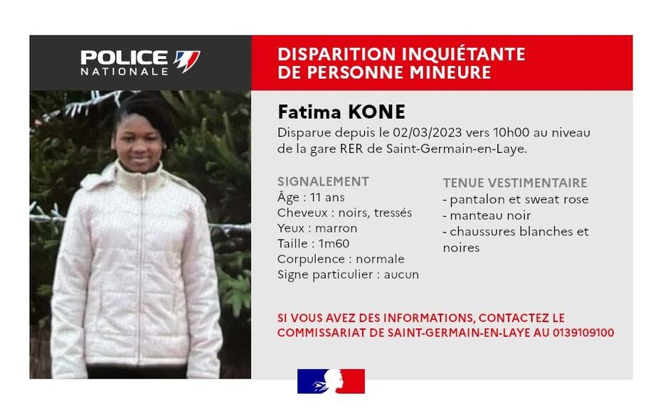 🔴 APPEL À TÉMOINS : Fatima Koné, 12 ans, a disparu le 2 mars près de la gare RER de Saint-Germain-en-Laye. Elle portait un pantalon et un sweat rose, un manteau noir et des chaussures noires et blanches. Si vous avez des informations, contactez le 01.39.10.91.00. #Yvelines