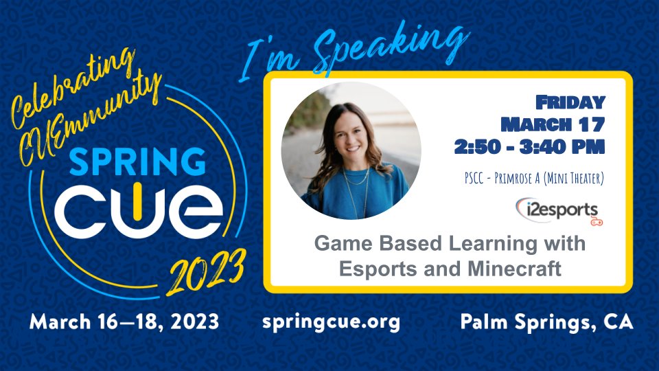 One week from today I land in Palm Springs for #SpringCUE. I'm thrilled to be invited to speak on #esports #GBL #MinecraftEdu and to interact with educators in California and beyond! If you're attending, I'd love to meet up.