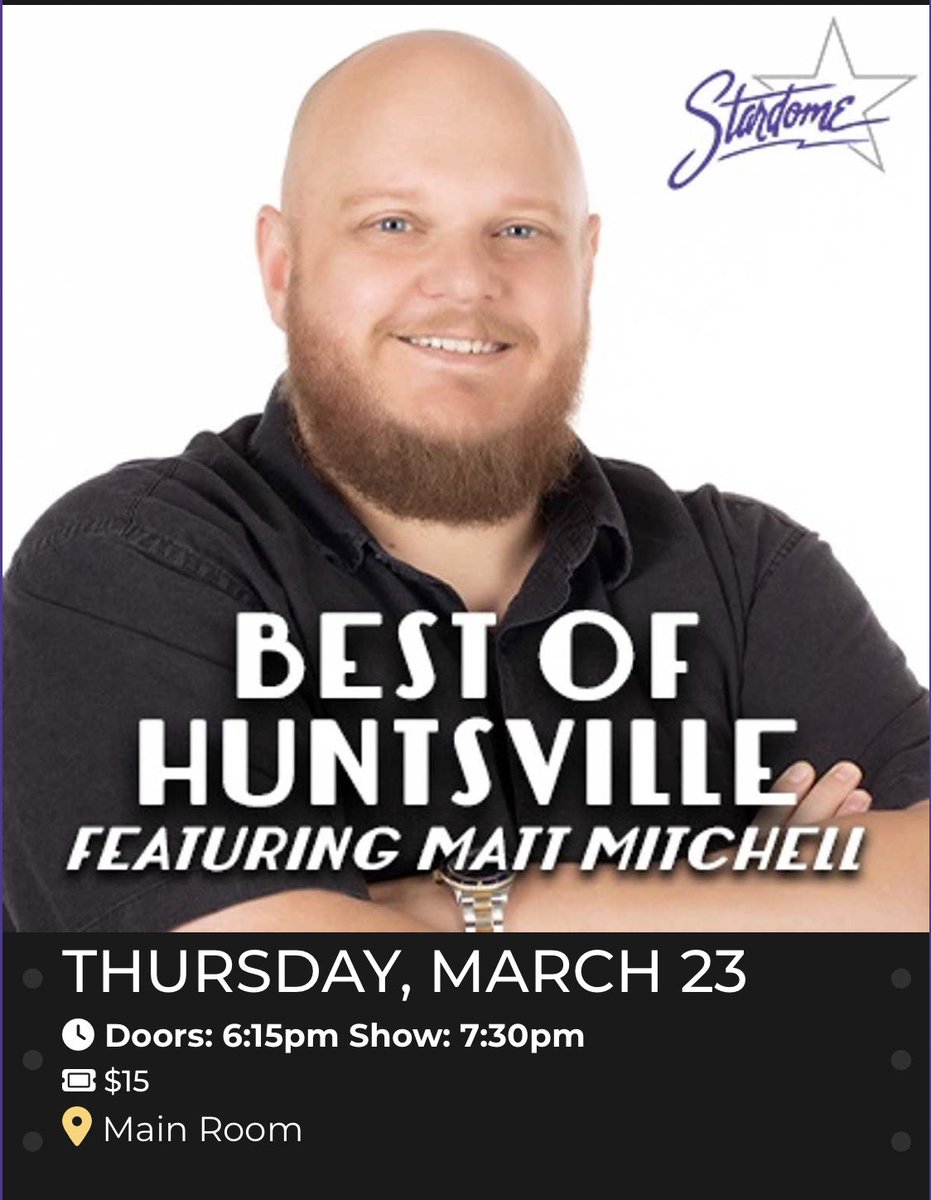 Huntsville invades Birmingham!

Best of Huntsville show at <a href="/StarDome/">StarDome Comedy Club</a>! March 23rd!!

<a href="/TheScottEason/">Scott Eason</a> <a href="/rayna_cahill/">rayna_cheyenne_cahill</a> &amp; <a href="/shalomshuli/">SHULI</a> are coming with me to peacock for HSV! 🦚
