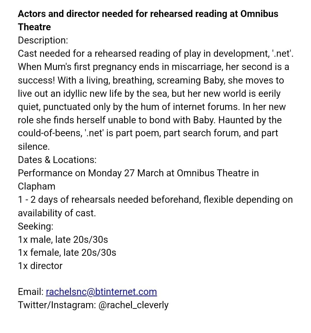 rachel_cleverly's tweet image. 📢📢📢 Emerging actors and directors📢📢📢

I&apos;ve got a play in development! I&apos;ve got a rehearsed reading @OmnibusTheatre on Monday 27 March! Help me out, do some networking, I&apos;ll buy you a pint after.