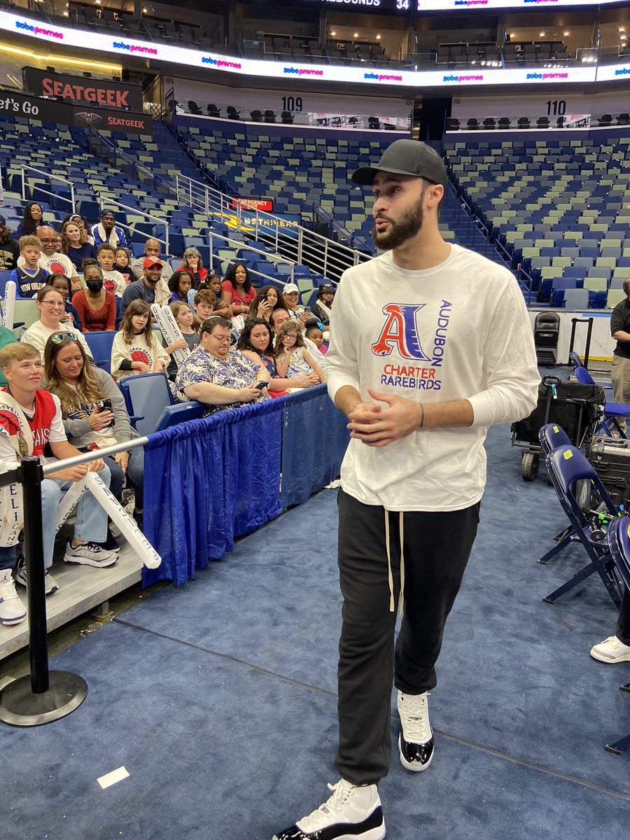 PelsCommunity's tweet photo. After last night’s win, @Larrydn22 hosted a Q&amp;A with students from @AudubonCharter he invited to the game as part of the Community Ticket Program! #nbacares https://t.co/P4MfByFtg0