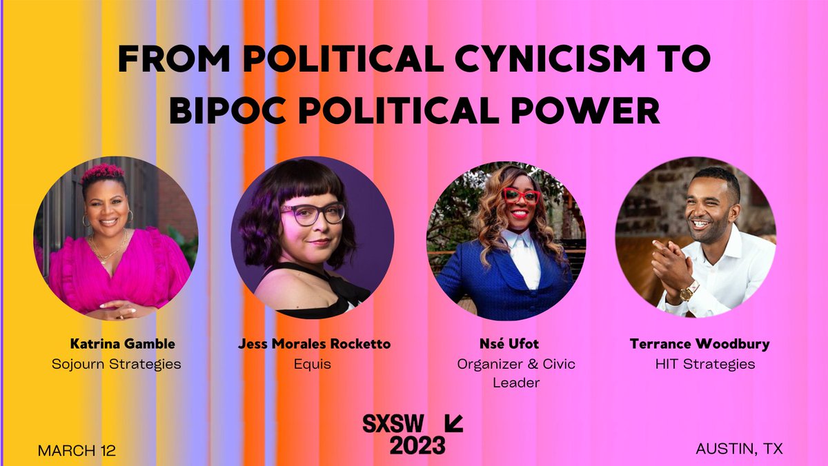 3 days left until #SXSW! ⏰ Join HIT's @t_woodbury1, @femmepolitico, @JessLivMo, and @nseufot at @SXSW this Sunday in Austin for a frank discussion about civic engagement amongst young, Black, and brown communities 🗳️ Event info here: bit.ly/3JsFVj3