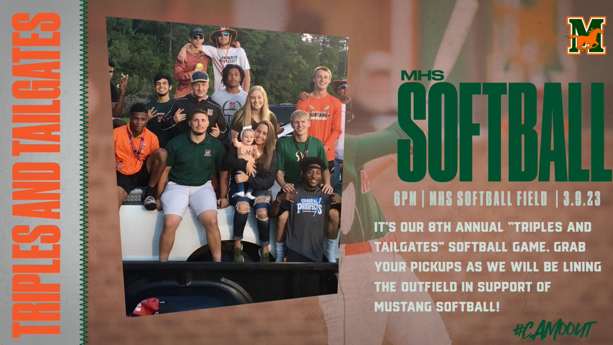 MHSsportszone's tweet photo. Mustang Nation! Triple and Tailgates takes place tonight at the MHS Softball Field. Gates open for trucks at 6:15pm. #CAMOOUT Grab you tickets at https://t.co/jfrOsvRzNM Go Mustangs! @MandarinHighSB https://t.co/QrC0bVeogI