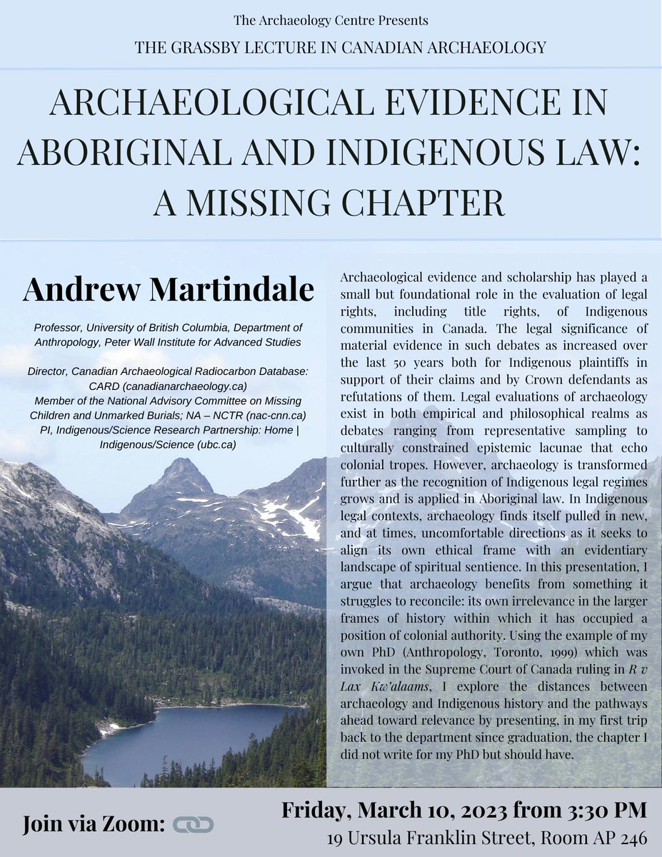 Tomorrow! The Archaeology Centre welcomes Andrew Martindale for the Grassby lecture in Canadian Archaeology: "Archaeological Evidence in Aboriginal and Indigenous Law: a missing chapter". Join in person or online: bit.ly/3lm144E #archaeology #indigenous #ClassicsTwitter