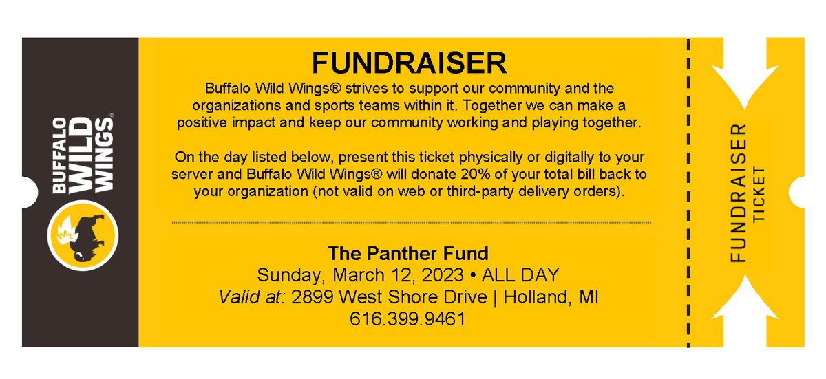 West Ottawa Public Schools (@wopublicschools) on Twitter photo Bring this coupon to the Holland <a href="/BWWings/">Buffalo Wild Wings</a> this Sunday, March 12th & 20% of your purchase will go to the <a href="/FundPanther/">ThePantherFund</a>!
The event lasts all day. You must show this coupon for your purchase to count.
For more information on The Panther Fund:
thepantherfund.org
#GoWO Bring this coupon to the Holland <a href="/BWWings/">Buffalo Wild Wings</a> this Sunday, March 12th & 20% of your purchase will go to the <a href="/FundPanther/">ThePantherFund</a>!
The event lasts all day. You must show this coupon for your purchase to count.
For more information on The Panther Fund:
thepantherfund.org
#GoWO