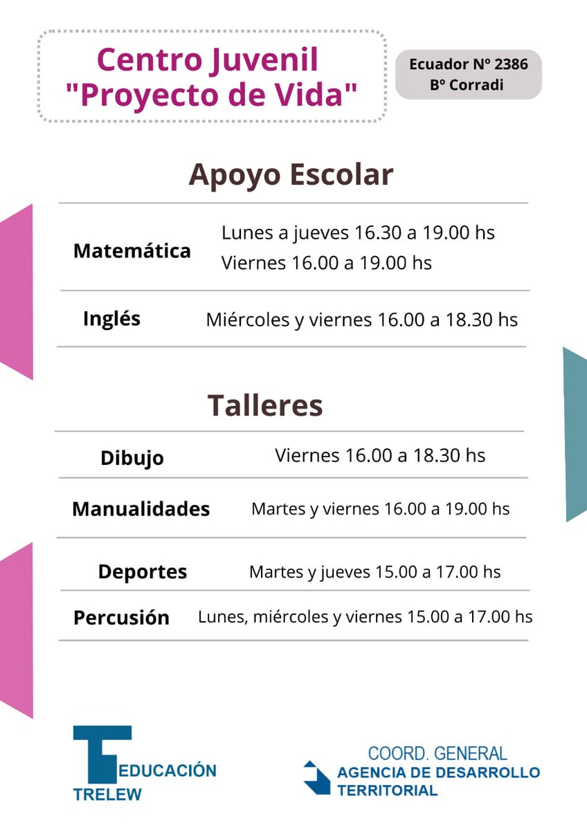 📣 Continúan las inscripciones para los talleres de los Centros Juveniles.

¡Los esperamos!

#TenésEducación #TenésTrelew