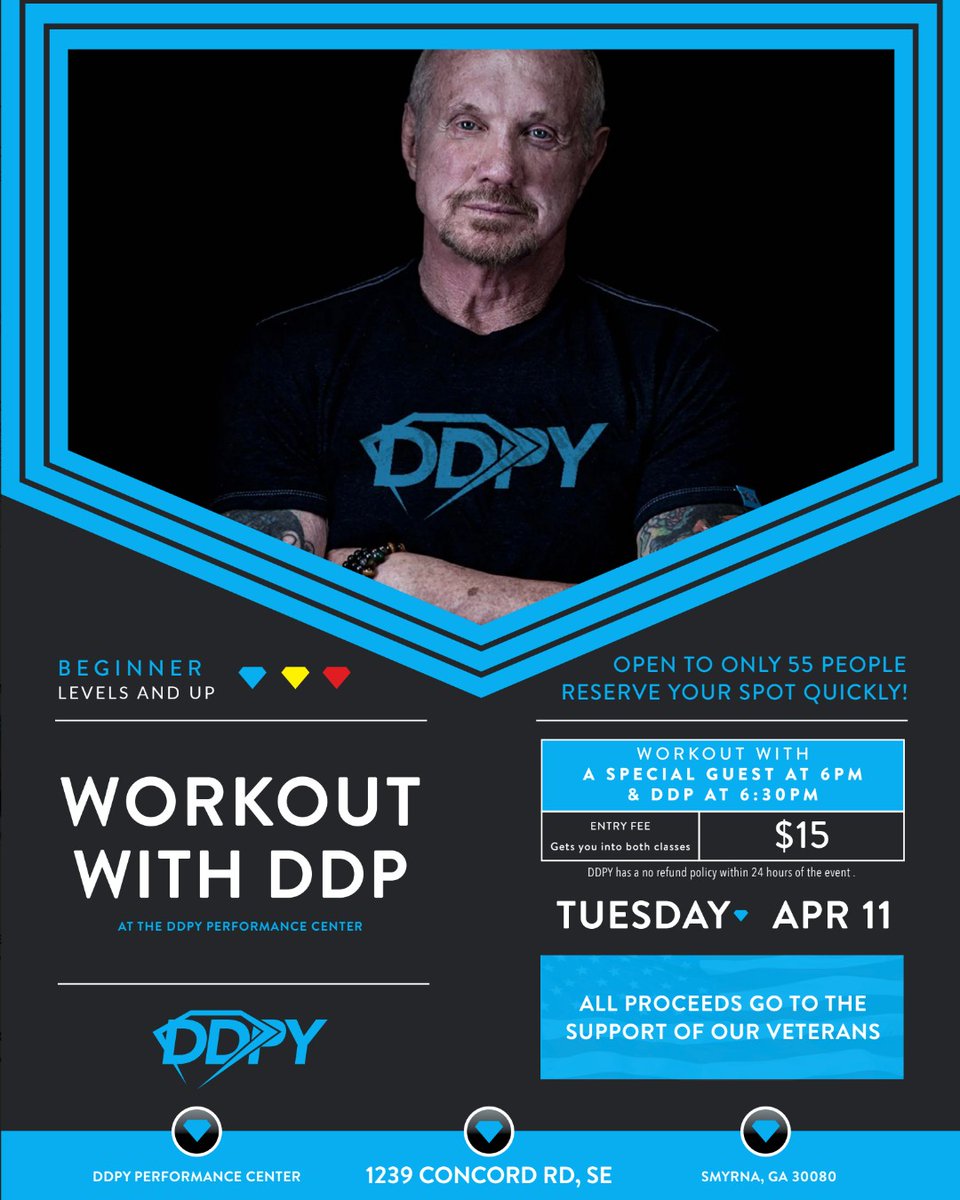We've just opened 10 new spots for the upcoming DDP Workouts at the DDPYPC!   That means 65 Warriors are going to be Hulking It Up and making some noise!

These are going to move FAST so act quickly! 💎💥 
DDPYWorkshops.com
#DDPYworks #MeetDDP #Workout #LiveWorkout #DDPYPC