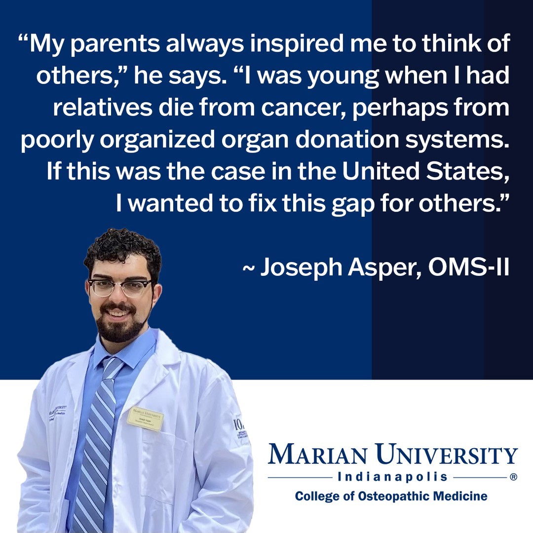 MUWCOMIndy's tweet photo. Congrats to Joseph Asper, OMS-II, on being awarded the 2023 Individual Excellence in Advocacy Award by the @AOAforDOs! In 2022, Asper helped to pass important #bonemarrow education legislation in #Indiana, addressing the inequity minority populations face in matching. https://t.co/PHHEMErXxh