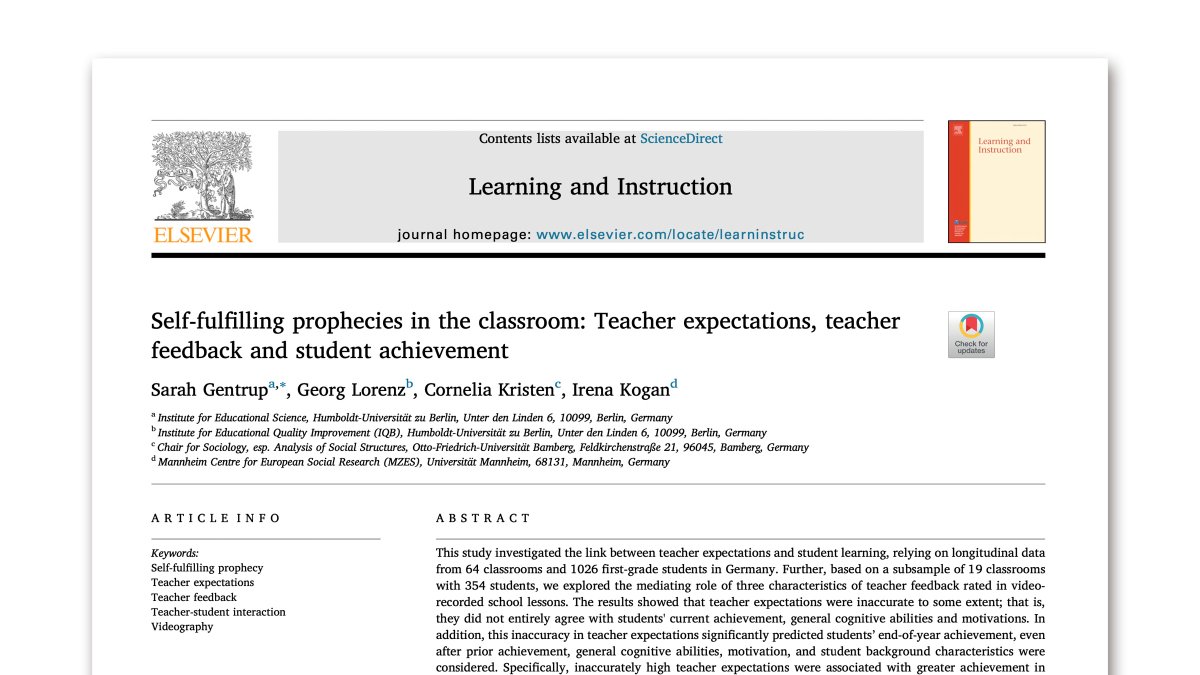 Teacher expectations found to have an effect (again); more for reading than maths.

🎓Self-fulfilling prophecies in the classroom: Teacher expectations, teacher feedback and student achievement by Gentrup et al.

sciencedirect.com/science/articl… (🔓)